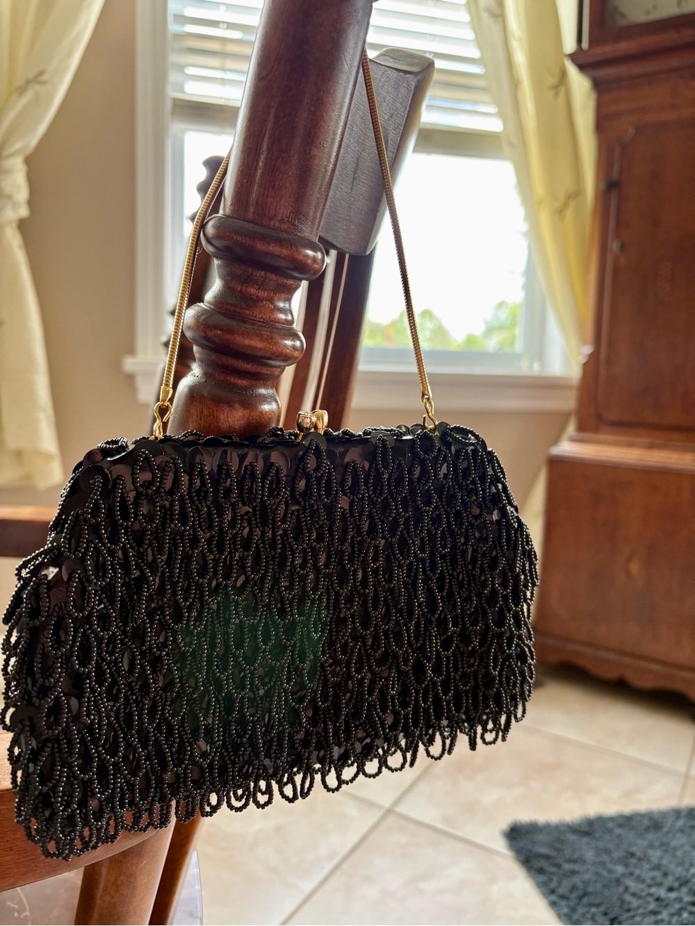 Black Beaded Evening Clutch with Gold Chain Vintage